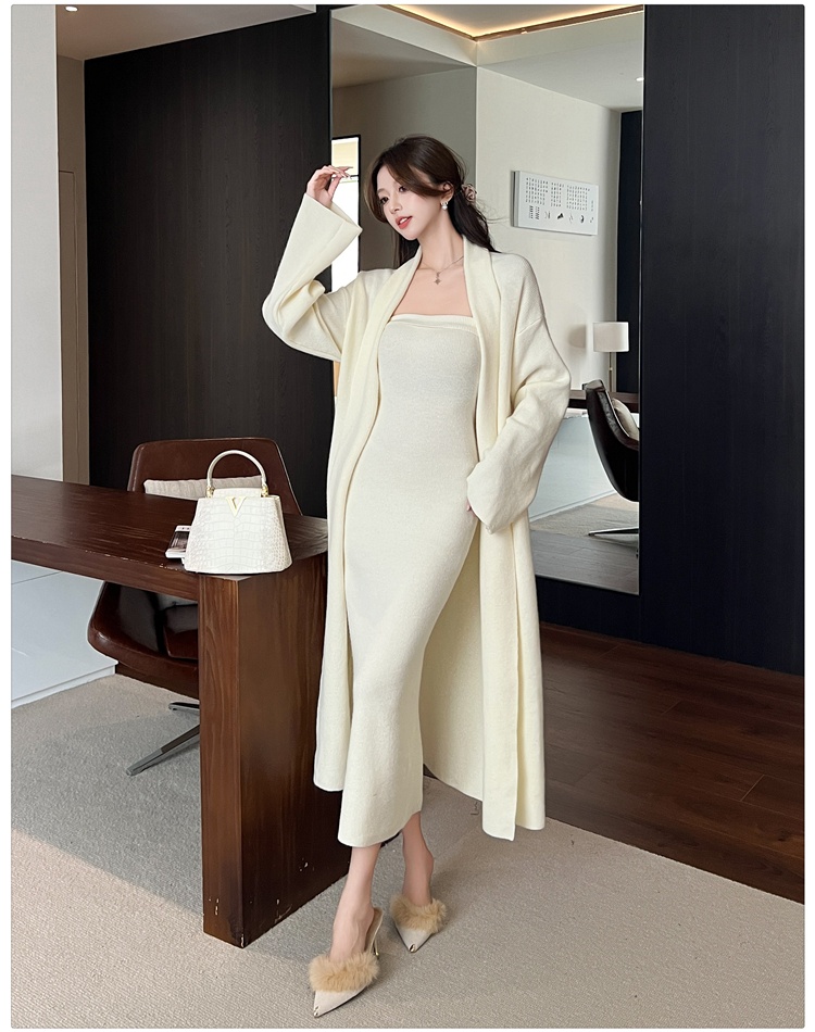 Wrapped chest dress knitted cardigan 2pcs set for women