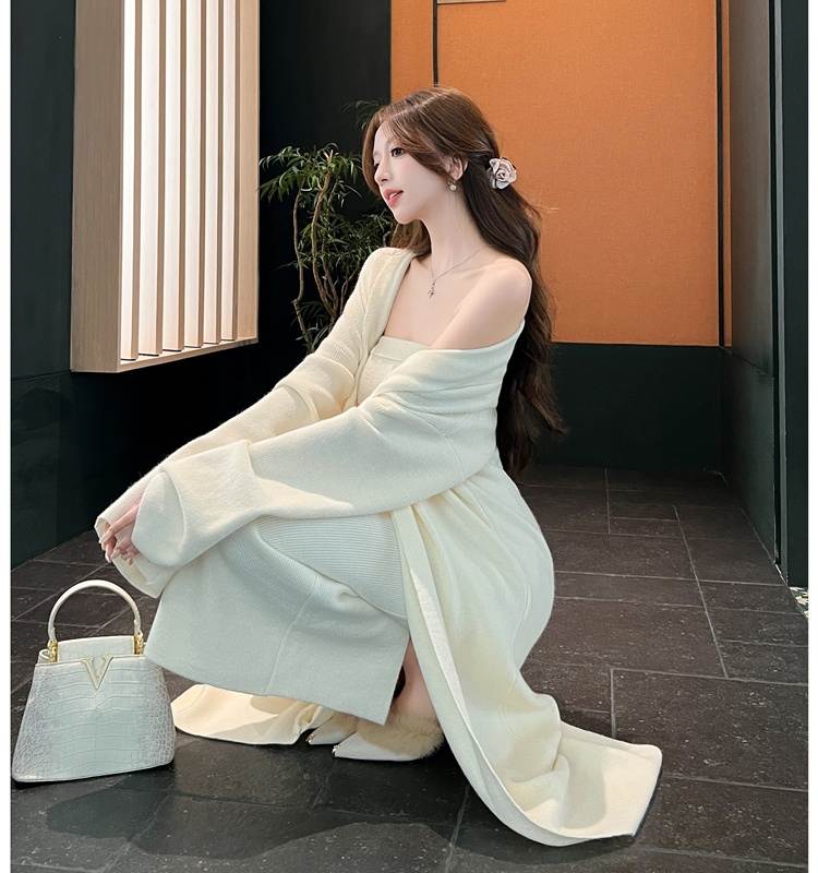 Wrapped chest dress knitted cardigan 2pcs set for women