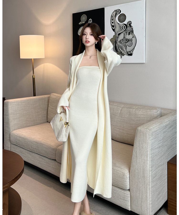 Wrapped chest dress knitted cardigan 2pcs set for women