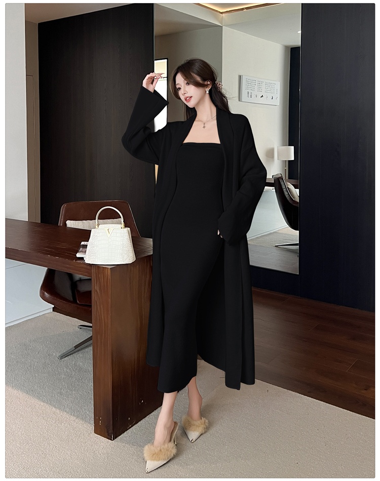 Wrapped chest dress knitted cardigan 2pcs set for women