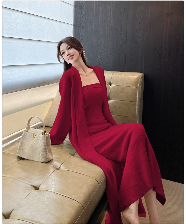 Wrapped chest dress knitted cardigan 2pcs set for women