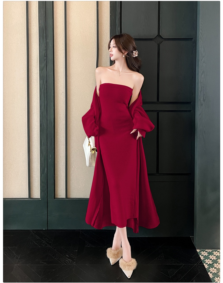 Wrapped chest dress knitted cardigan 2pcs set for women