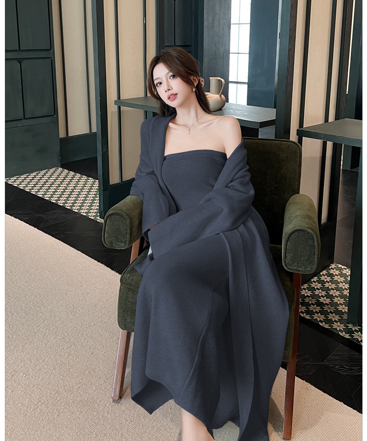 Wrapped chest dress knitted cardigan 2pcs set for women