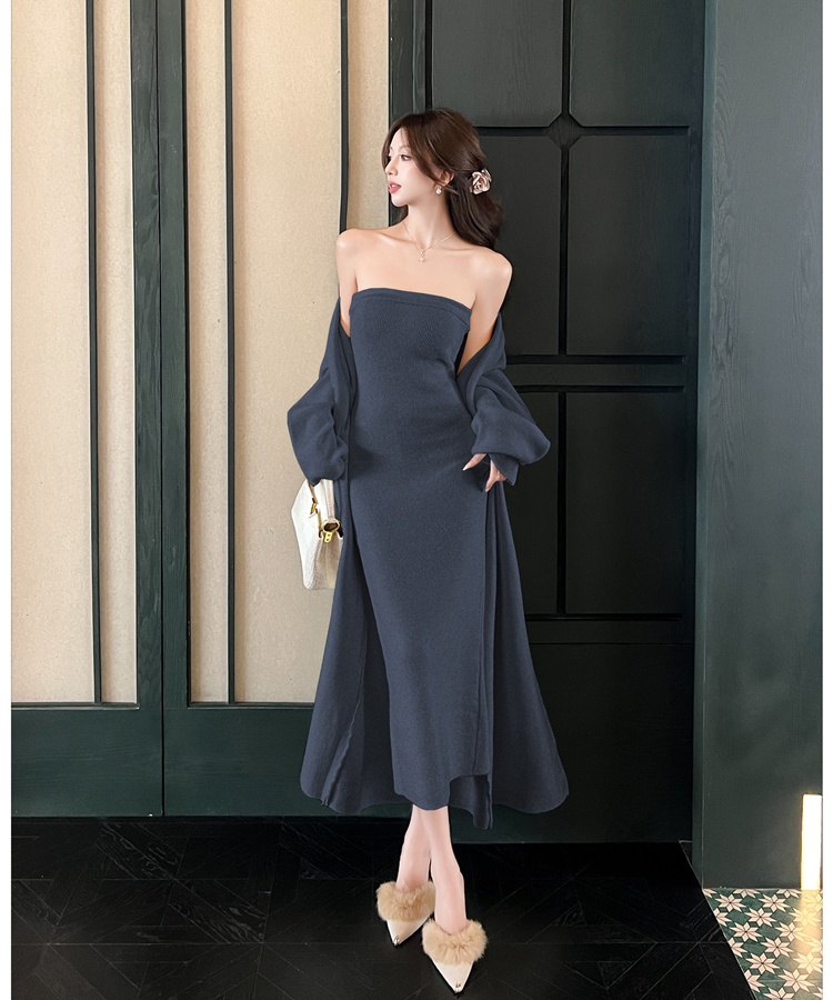 Wrapped chest dress knitted cardigan 2pcs set for women