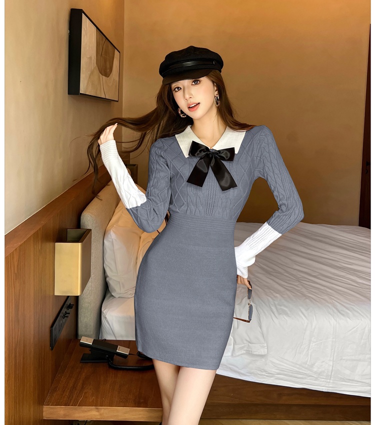 Long sleeve bow T-back doll collar sweater dress