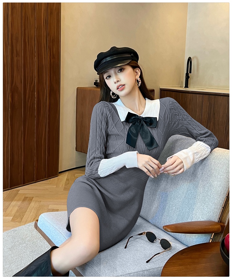 Long sleeve bow T-back doll collar sweater dress