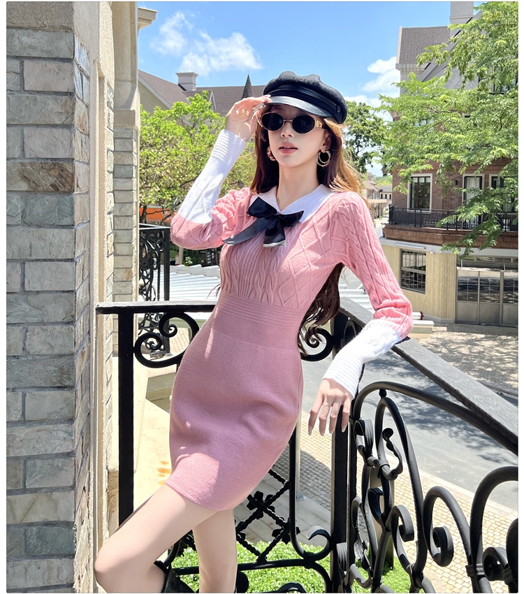 Long sleeve bow T-back doll collar sweater dress