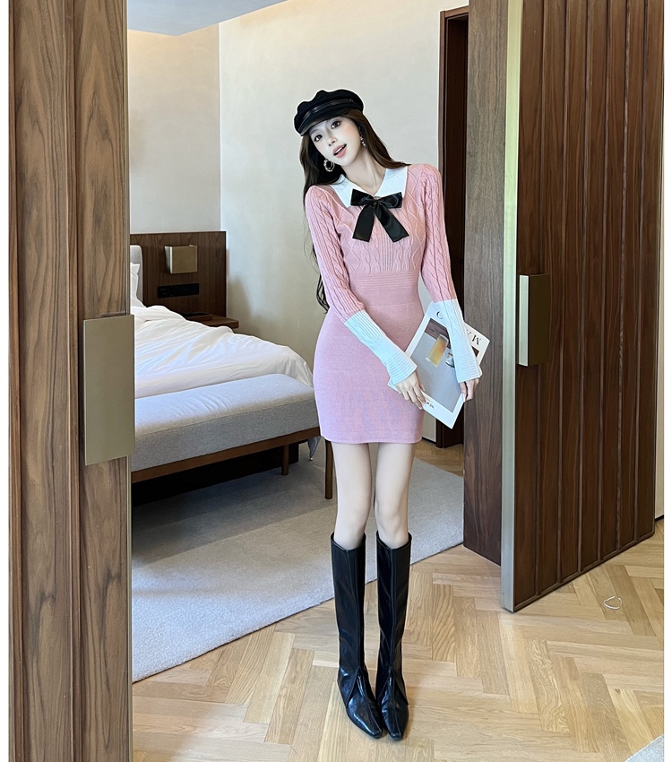 Long sleeve bow T-back doll collar sweater dress
