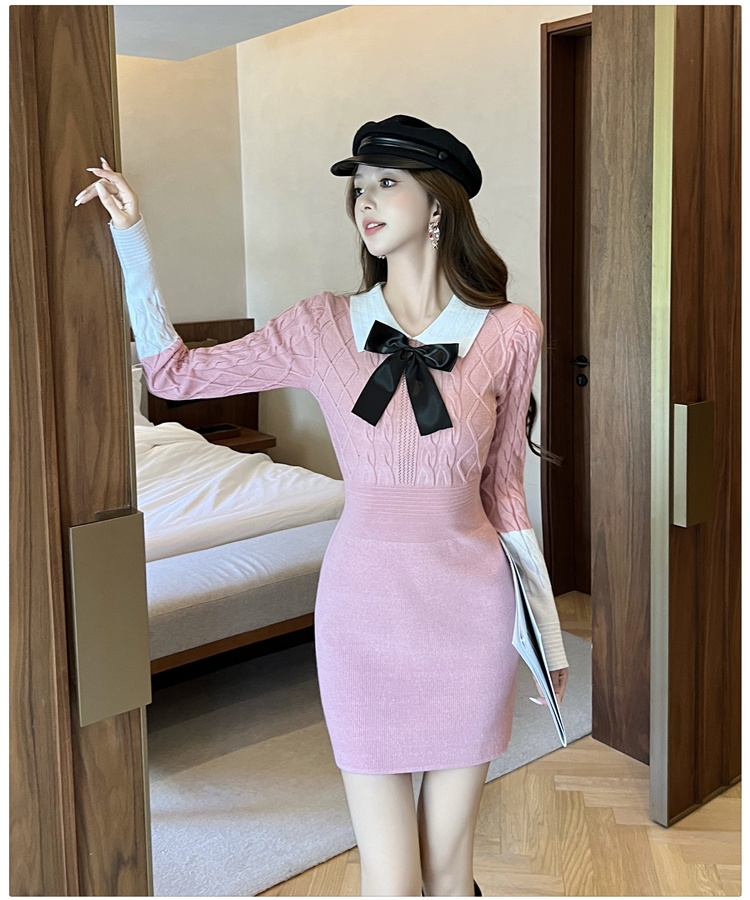Long sleeve bow T-back doll collar sweater dress