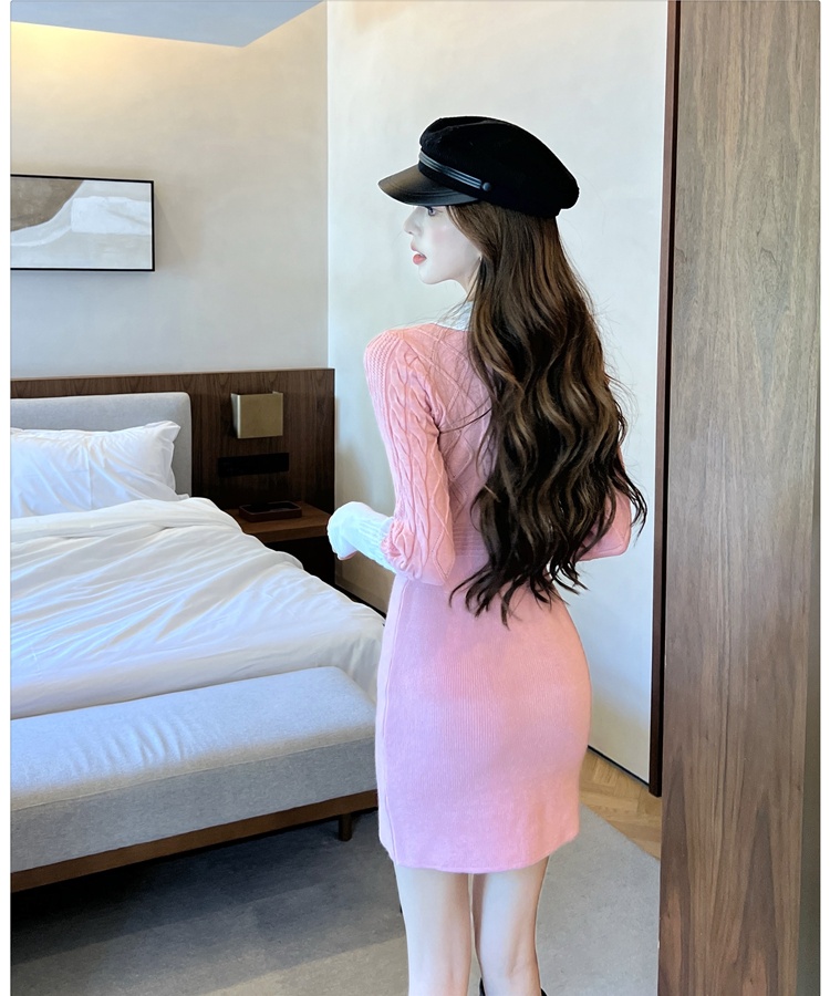 Long sleeve bow T-back doll collar sweater dress