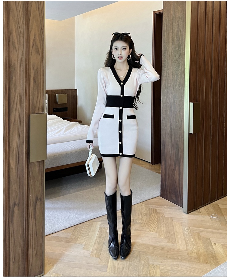 Chanelstyle V-neck pinched waist dress for women