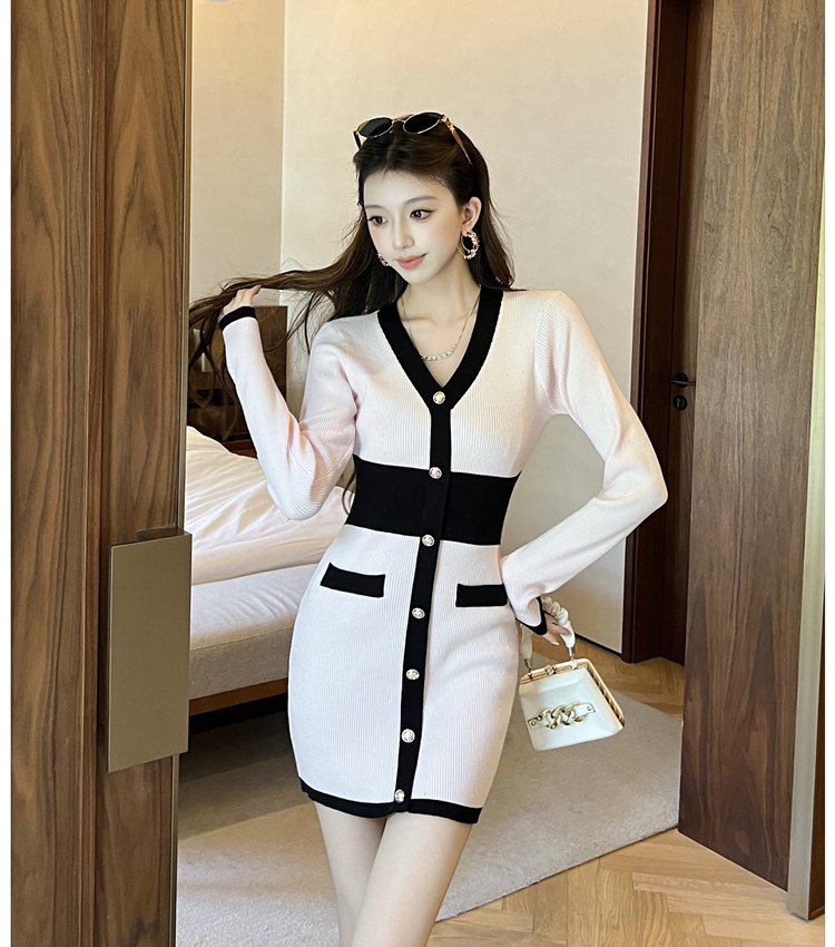 Chanelstyle V-neck pinched waist dress for women
