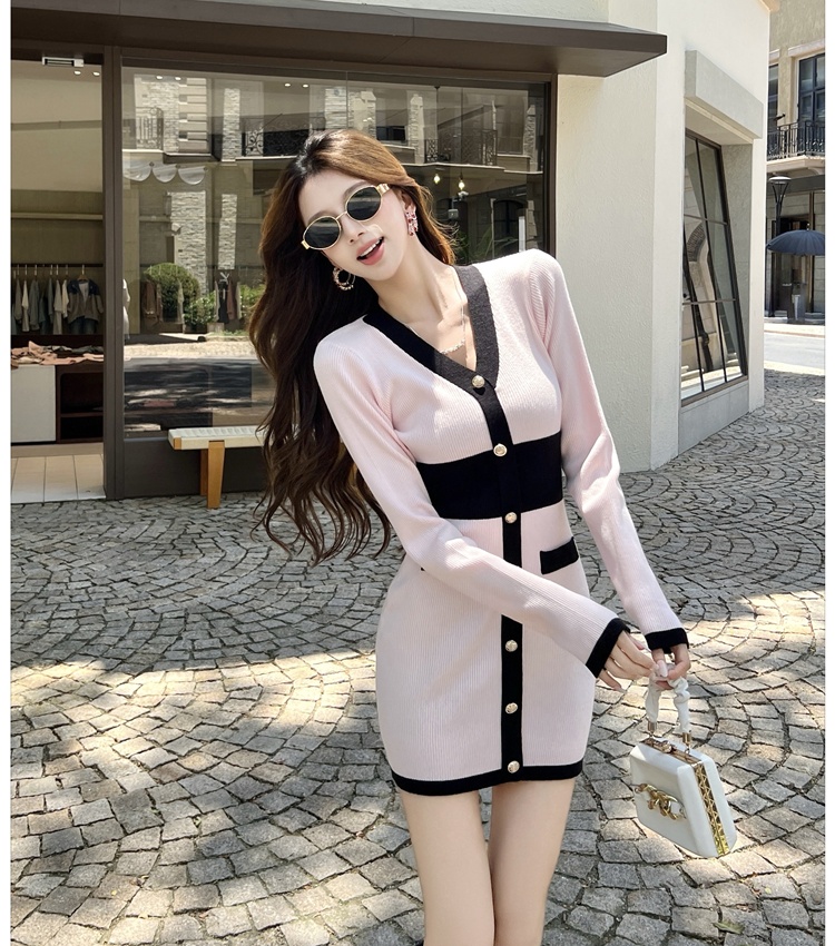 Chanelstyle V-neck pinched waist dress for women