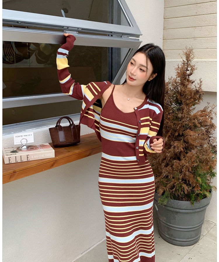 Slim sling cardigan knitted retro coat 2pcs set for women
