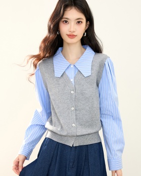 Pseudo-two splice shirt commuting autumn sweater for women