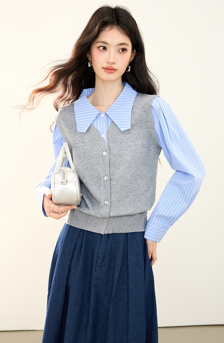 Pseudo-two splice shirt commuting autumn sweater for women