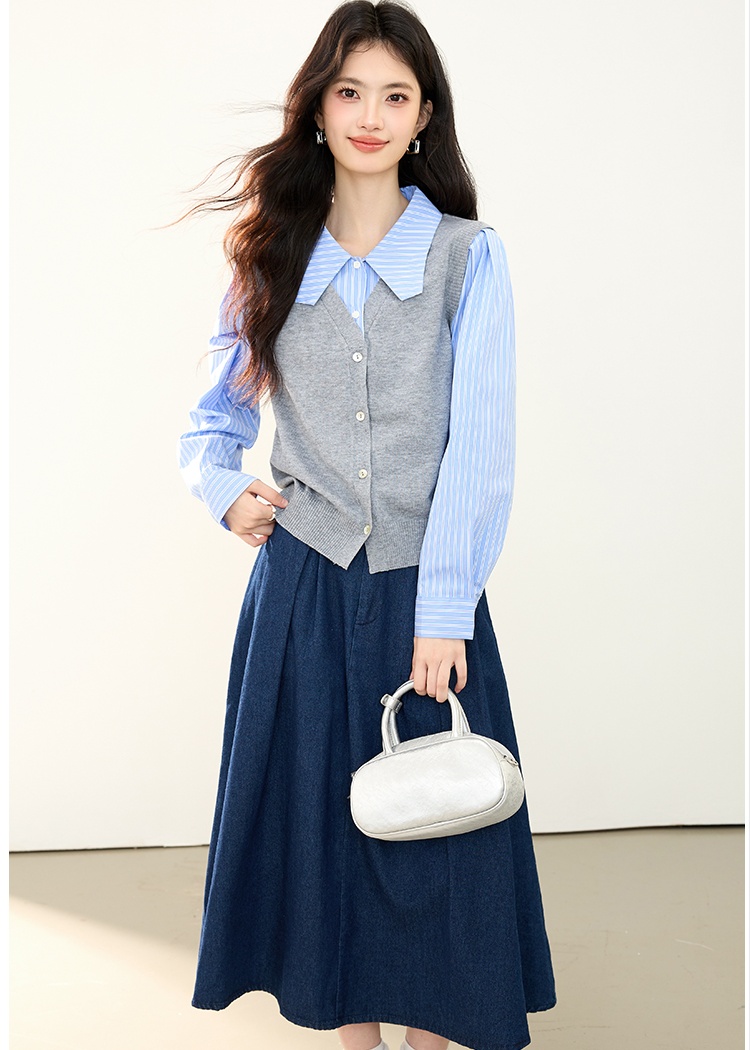 Pseudo-two splice shirt commuting autumn sweater for women