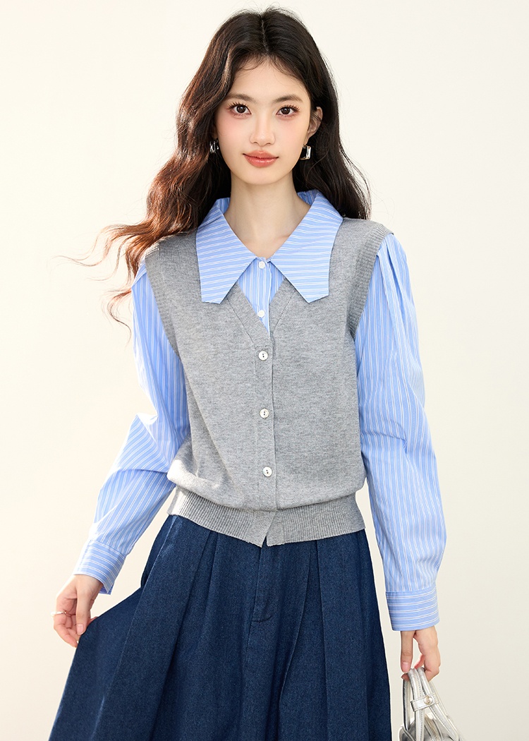 Pseudo-two splice shirt commuting autumn sweater for women