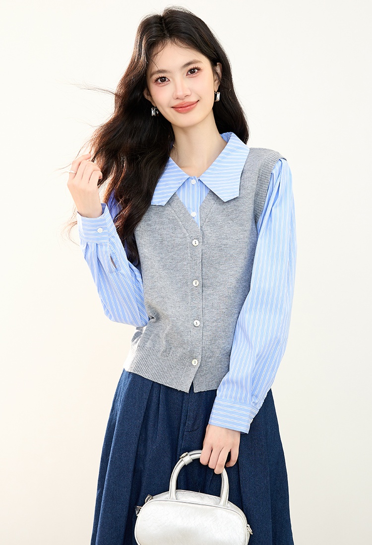 Pseudo-two splice shirt commuting autumn sweater for women