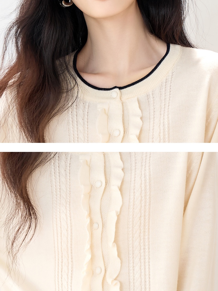 Long sleeve round neck apricot wood ear sweater for women