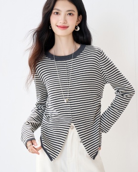 Commuting elasticity sweater round neck stripe tops