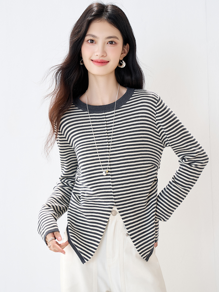 Commuting elasticity sweater round neck stripe tops