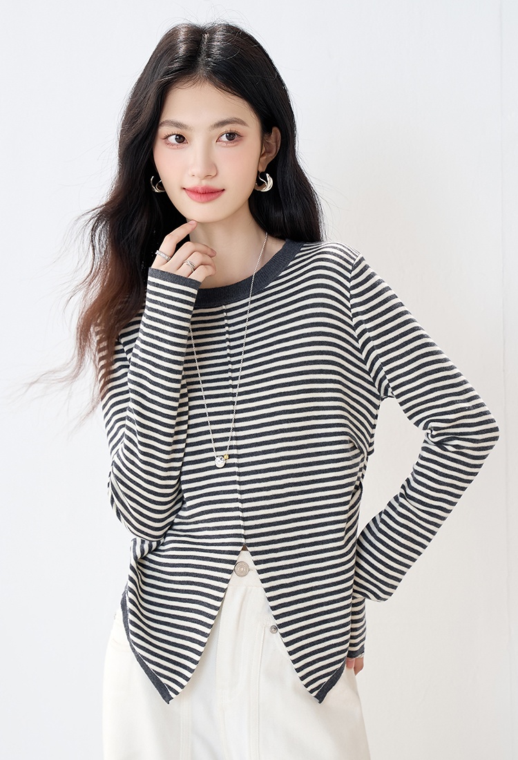 Commuting elasticity sweater round neck stripe tops
