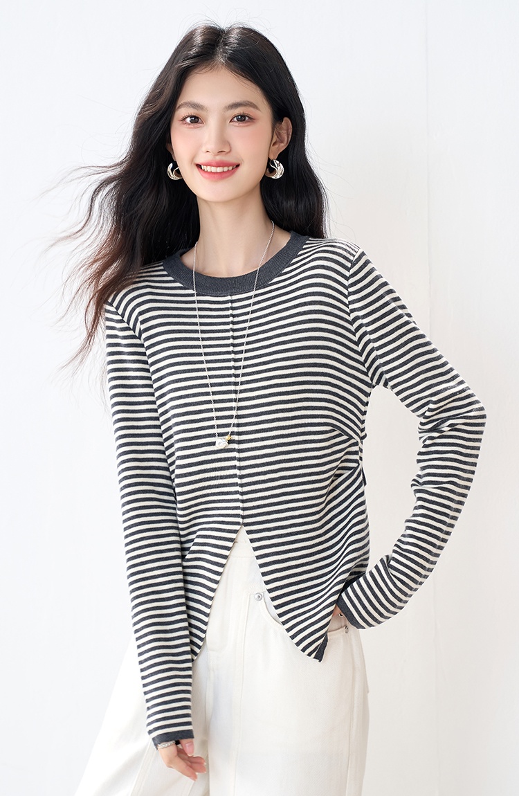 Commuting elasticity sweater round neck stripe tops