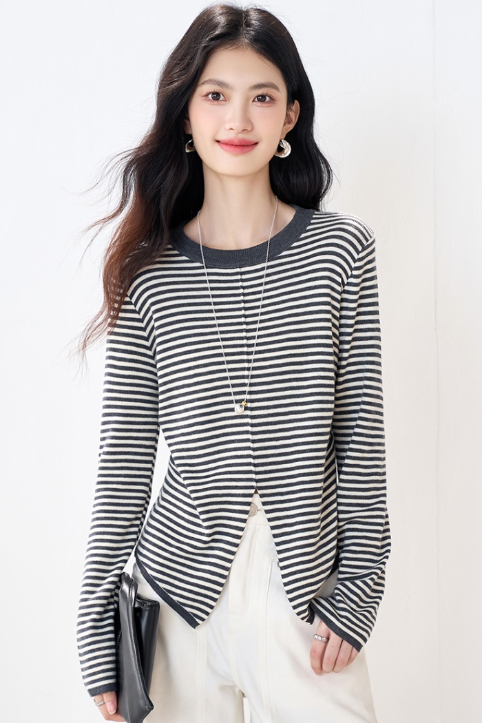 Commuting elasticity sweater round neck stripe tops