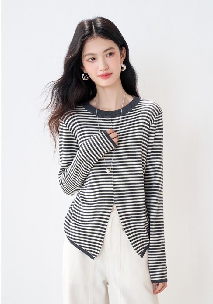 Commuting elasticity sweater round neck stripe tops