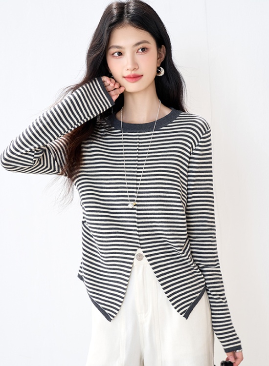 Commuting elasticity sweater round neck stripe tops