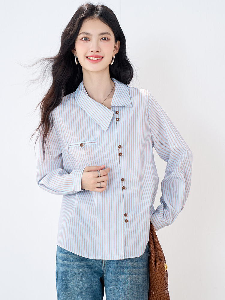 Casual temperament stripe tops commuting blue shirt
