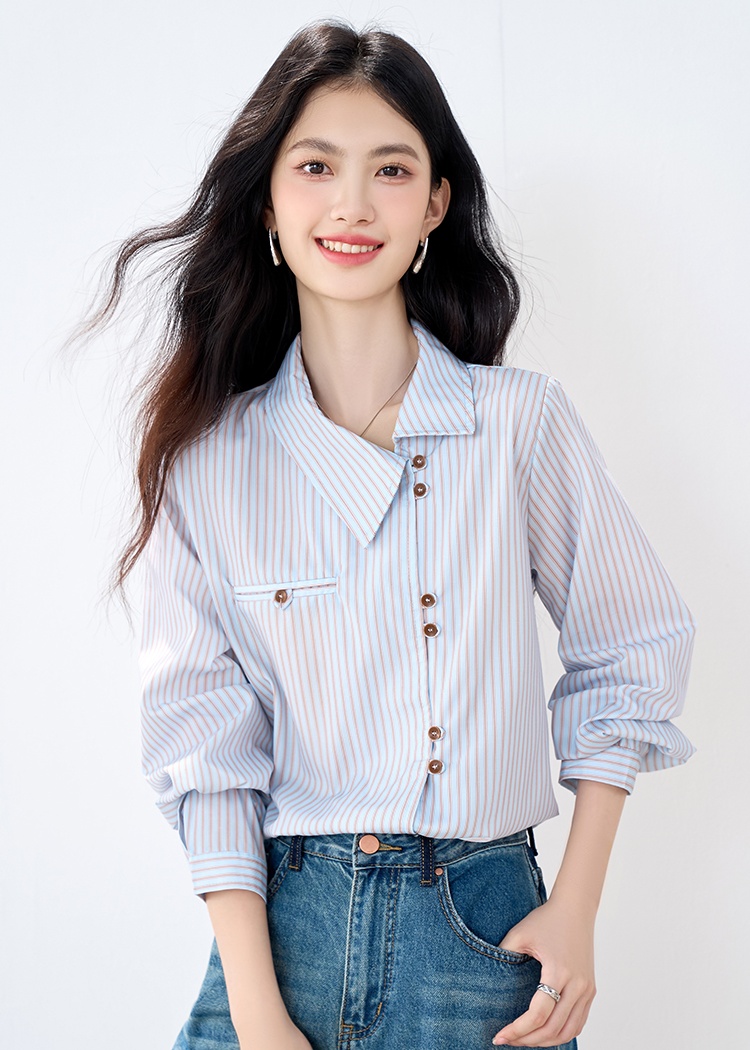 Casual temperament stripe tops commuting blue shirt