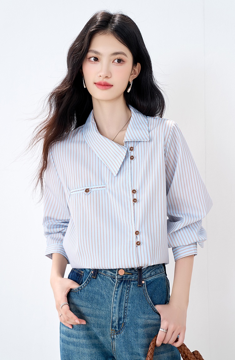 Casual temperament stripe tops commuting blue shirt