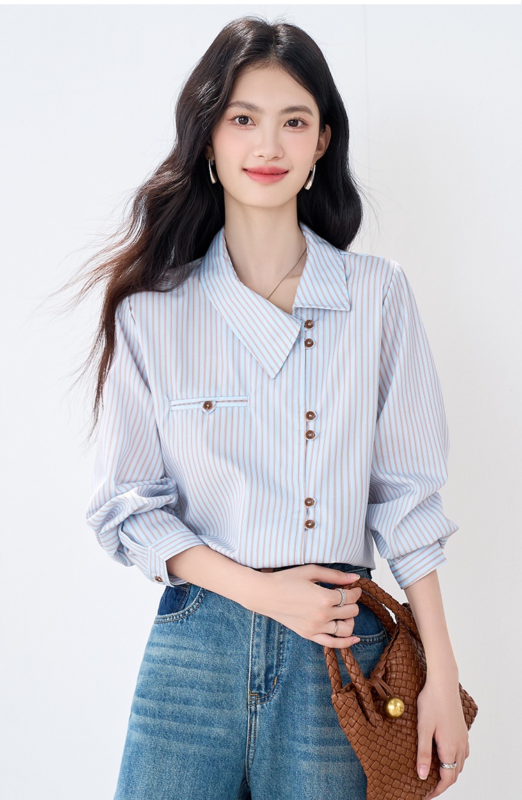 Casual temperament stripe tops commuting blue shirt