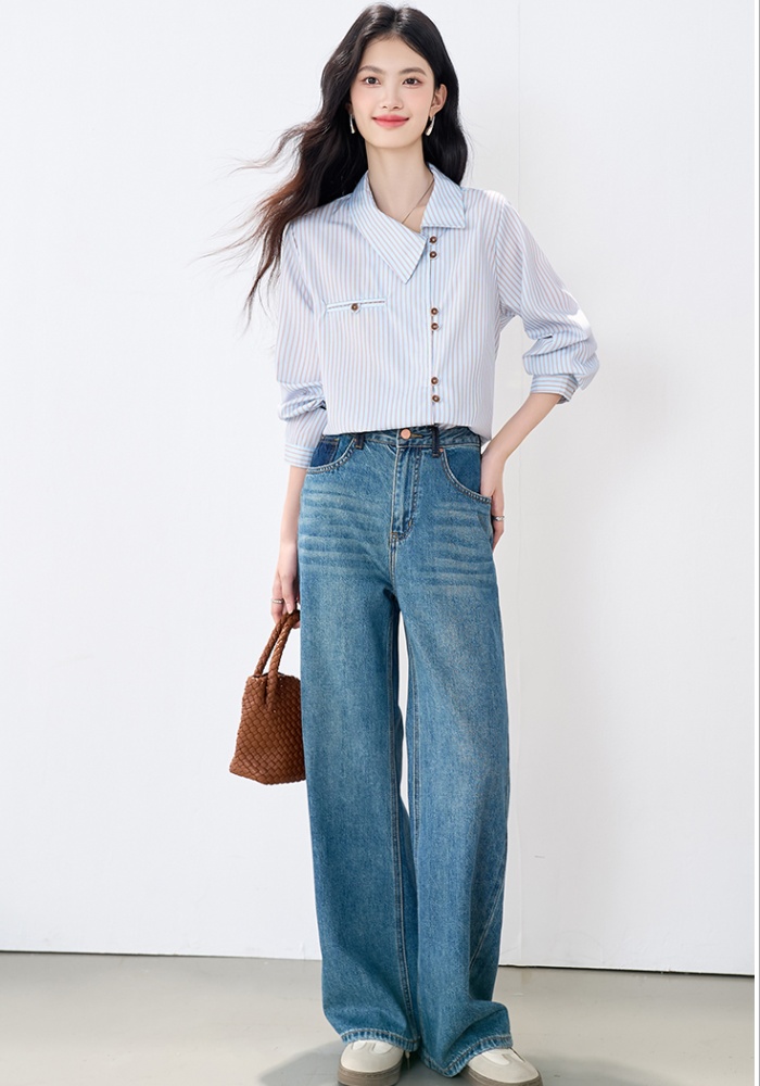 Casual temperament stripe tops commuting blue shirt
