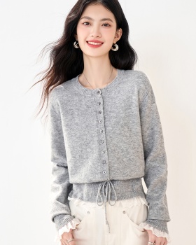 Round neck splice sweater autumn lace tops for women