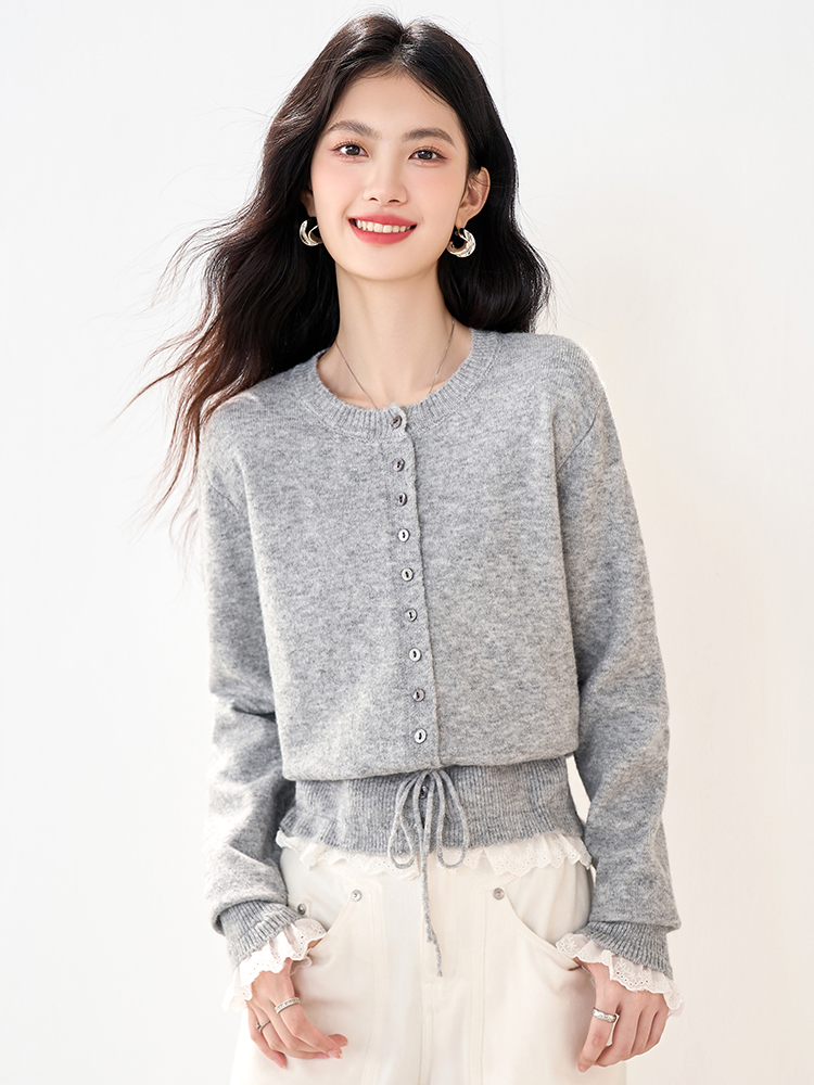 Round neck splice sweater autumn lace tops for women