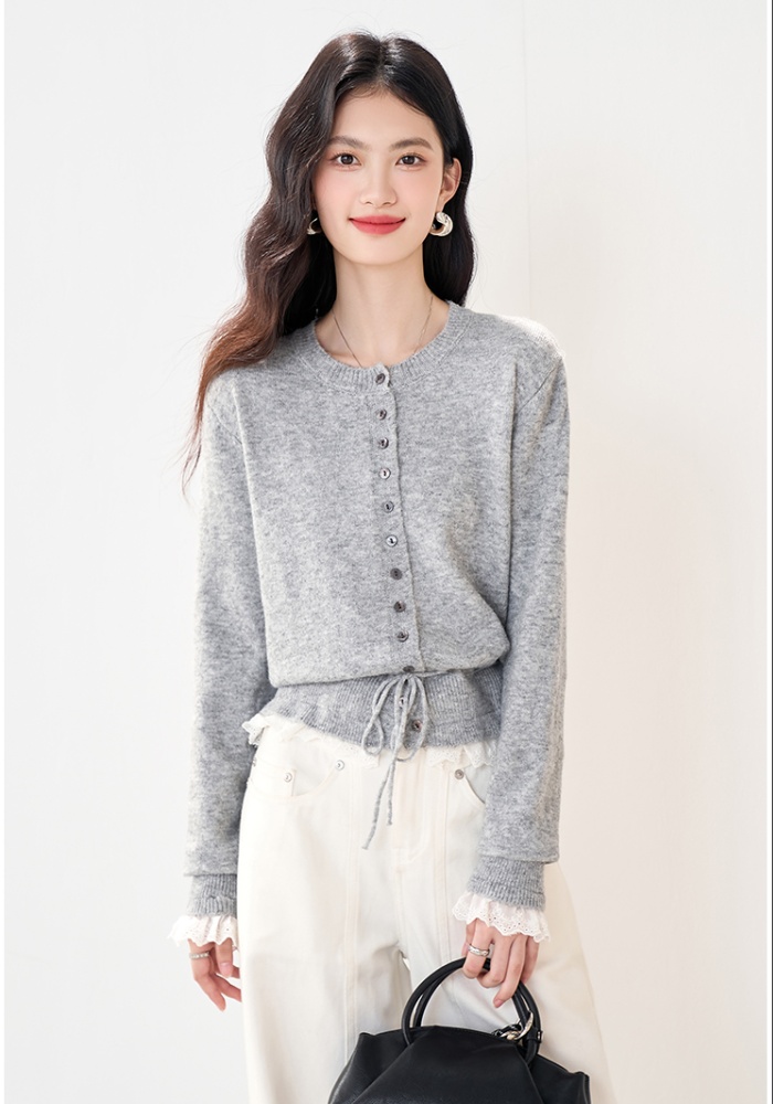 Round neck splice sweater autumn lace tops for women
