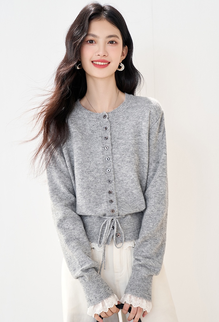 Round neck splice sweater autumn lace tops for women
