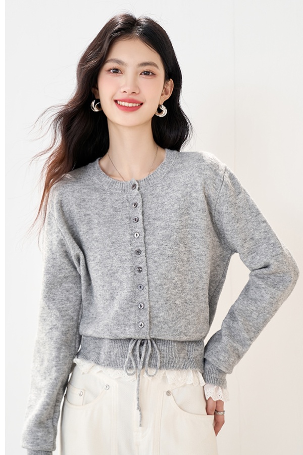Round neck splice sweater autumn lace tops for women