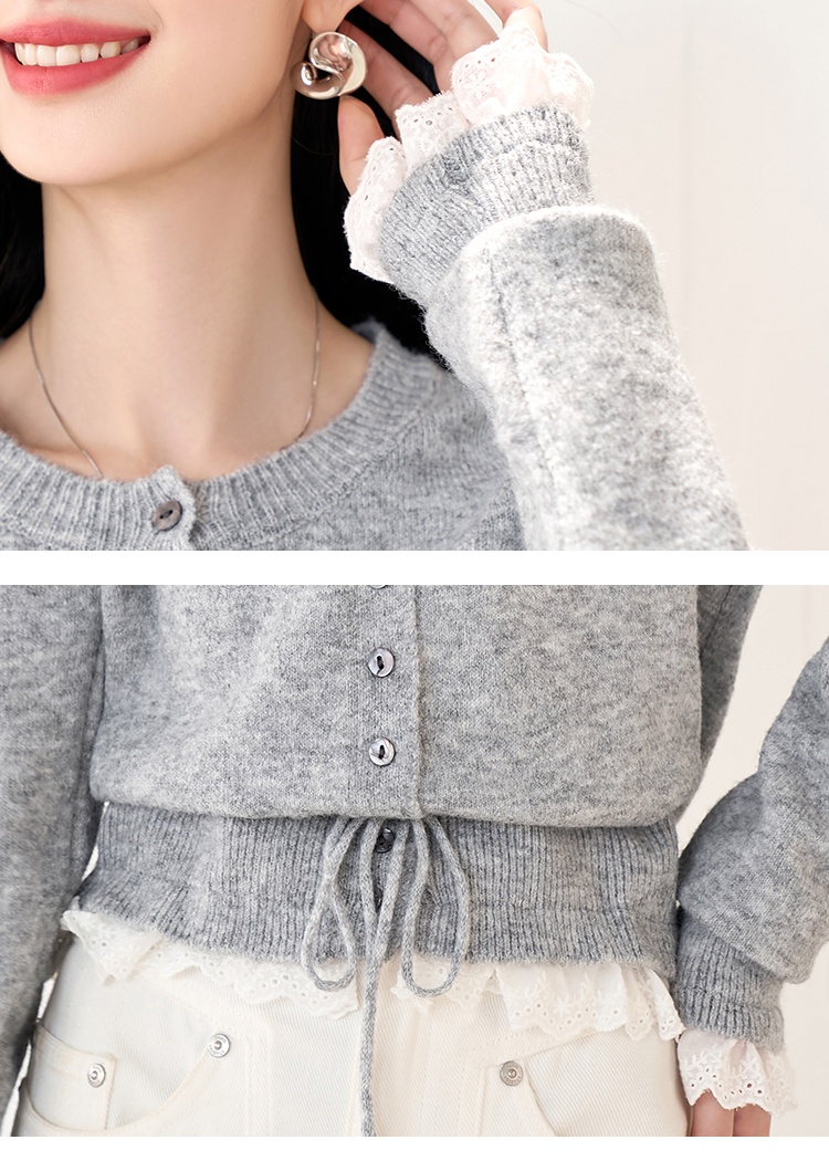 Round neck splice sweater autumn lace tops for women