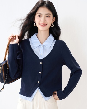 Stripe Pseudo-two hoodie college style tops for women