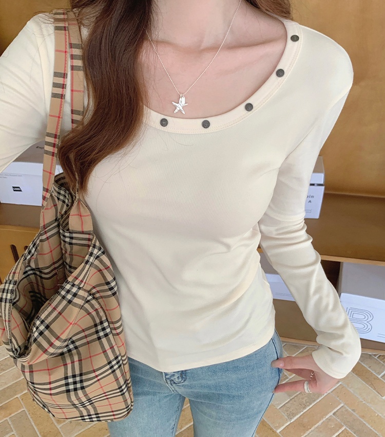 Slim low collar bottoming shirt long sleeve clavicle T-shirt