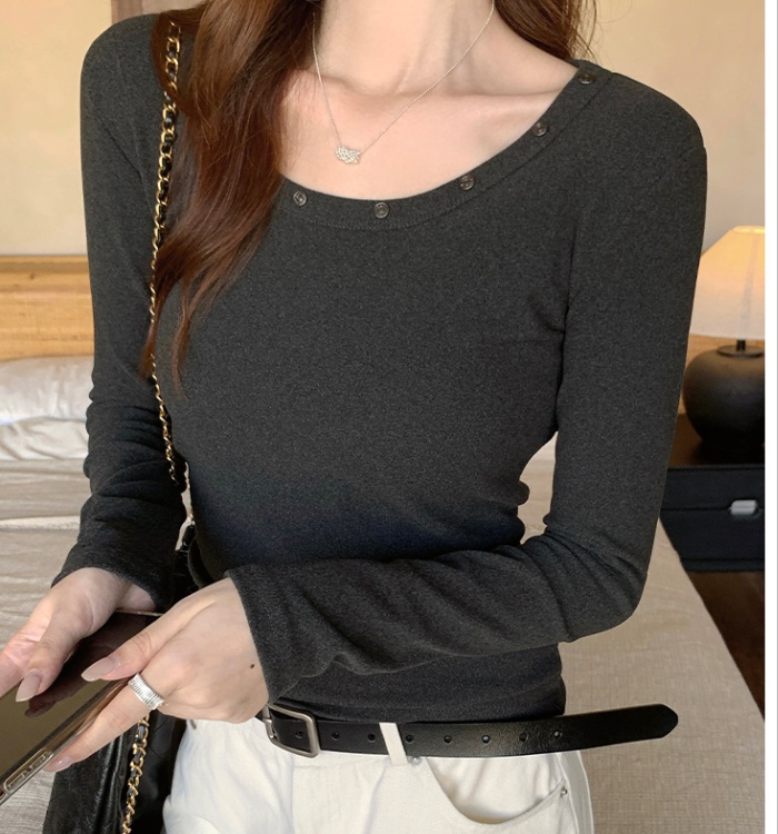 Slim low collar bottoming shirt long sleeve clavicle T-shirt