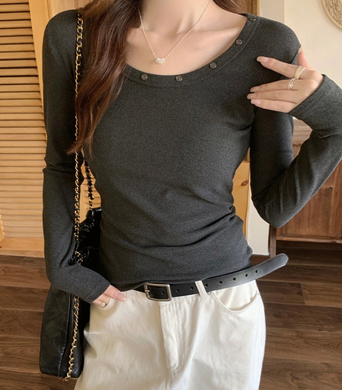 Slim low collar bottoming shirt long sleeve clavicle T-shirt