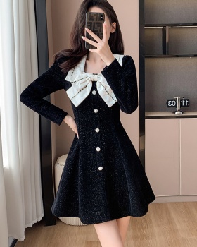 Square collar sweet jacquard autumn and winter red splice dress