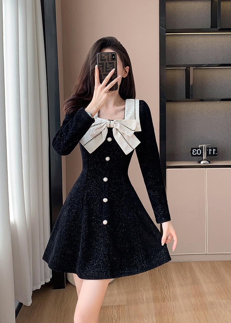 Square collar sweet jacquard autumn and winter red splice dress