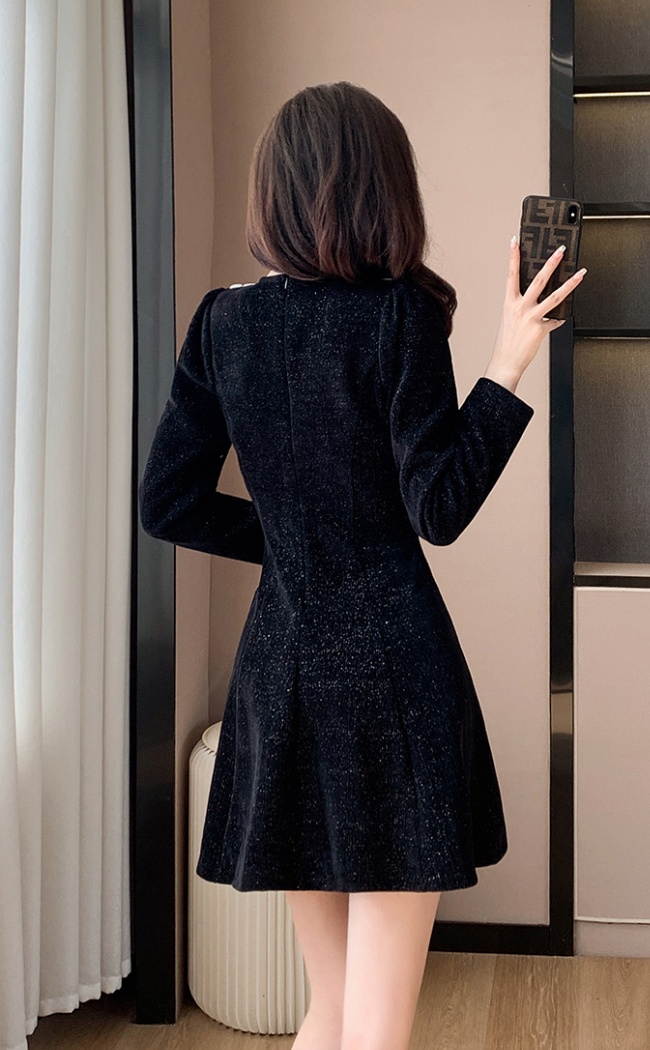 Square collar sweet jacquard autumn and winter red splice dress