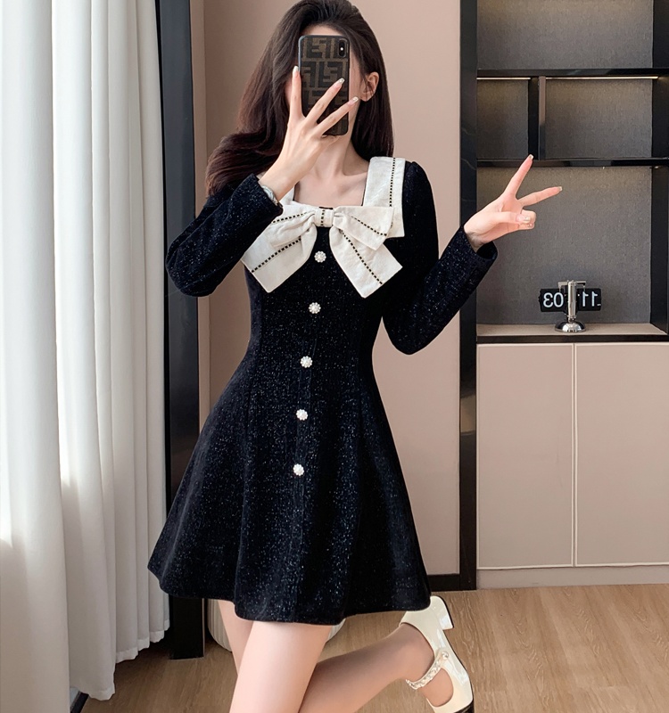 Square collar sweet jacquard autumn and winter red splice dress